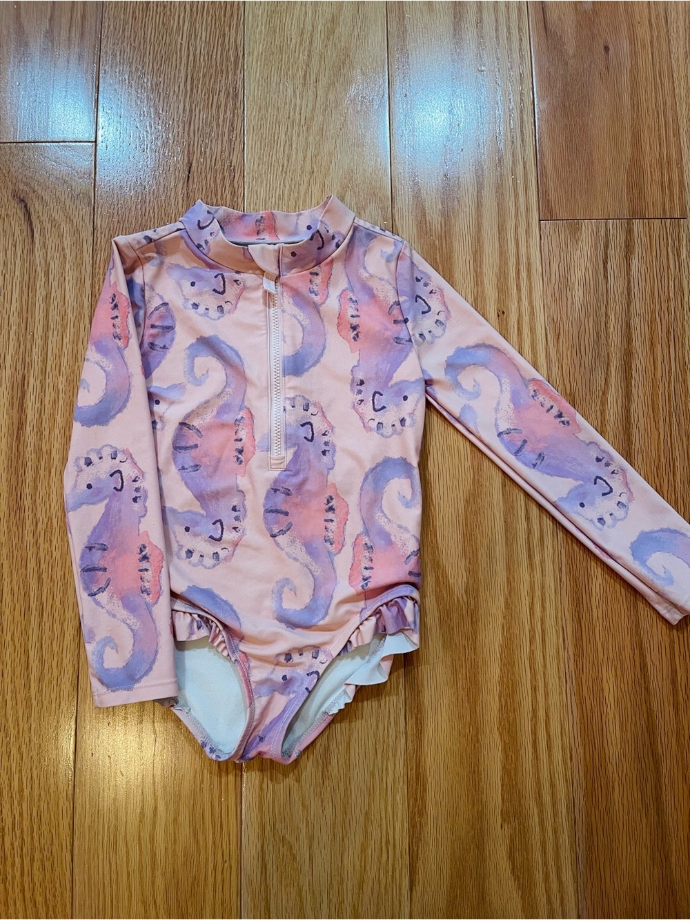 Girls' Long-Sleeve Pink Seahorse Rashguard Swimsuit